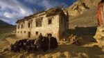 sandy, mountains, old house